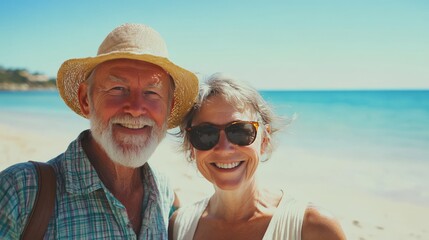 Senior couple smiling at the beach, looking happy and relaxed.