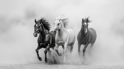 Bay, black and white horses runs in the dust storm 