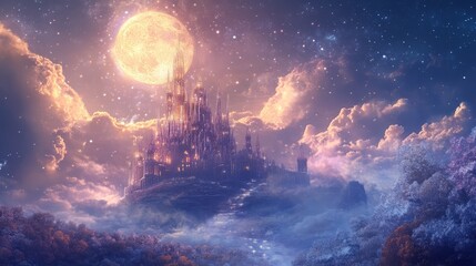 Fototapeta premium Crystal Palace Shimmers Under a Full Moon: A Fantasy Landscape