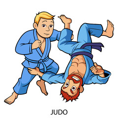 Two judo athletes isolated on white background in cartoon style. Summer Games 2024. Vector illustration.