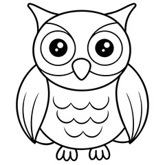 Line art of a friendly owl face with big round eyes and tiny beak