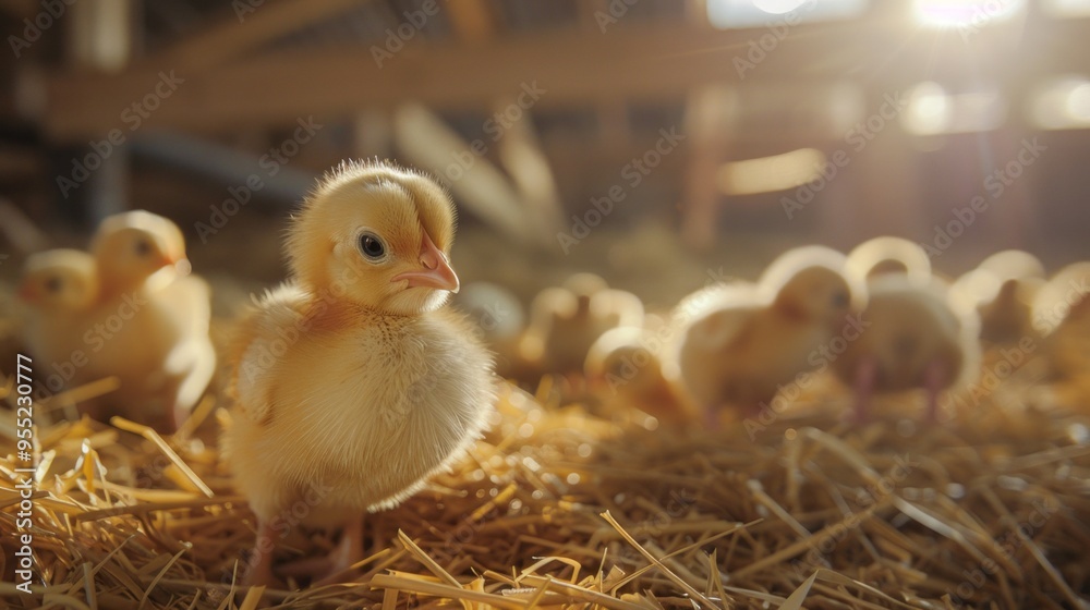 Wall mural A group of baby chicks are standing in a field of straw