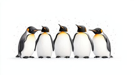 Fototapeta premium A charming group of five penguins standing together in a snowy landscape, showcasing their playful nature and unique features.