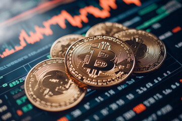 Bitcoin Cryptocurrency Coin on Trading Platform with Price Chart in Background, Highlighting Digital Currency, Blockchain Technology, and Financial Market Trends in the World of Decentralized Finance