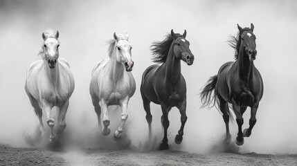Bay, black and white horses runs in the dust storm 