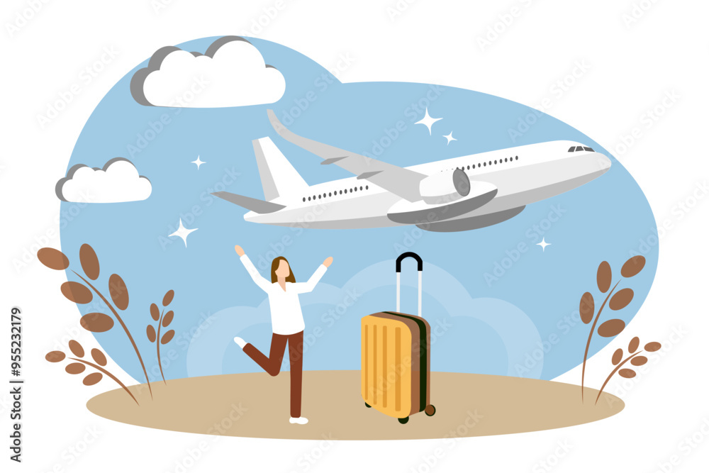 Wall mural the concept of traveling and flying by plane. the woman is happy about the vacation. yellow suitcase