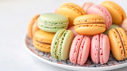Fototapeta premium colorful macarons arranged beautifully on a plate, perfect for dessert lovers and food photography.