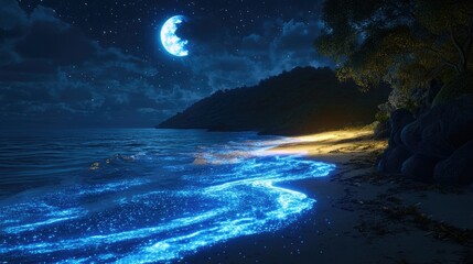 light blue beach covered with colored glowing glass, fluorescent ocean, moonlight, sparkling stars, background