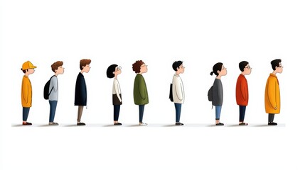 Fototapeta premium A colorful illustration of diverse characters standing in a line, showcasing various styles and expressions in a modern setting.