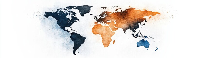 A colorful watercolor world map highlighting geographical regions with blue and orange tones for artistic presentations.