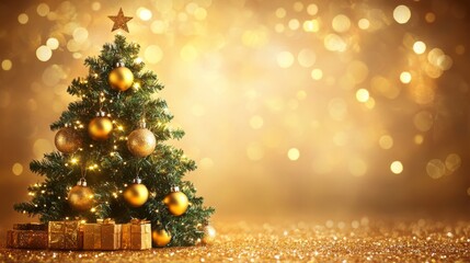 Christmas Tree With Golden Baubles And Shiny Lights In gold Background