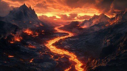 Fototapeta premium Fiery River: A Volcanic Wasteland in Fantasy Art 1