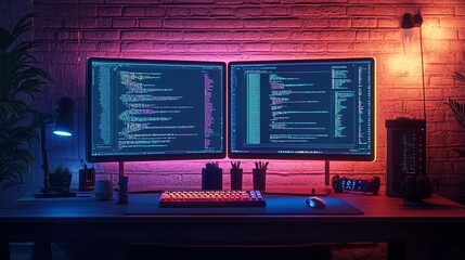A modern workspace featuring dual monitors with colorful code, ambient lighting, and a sleek keyboard, perfect for programming.