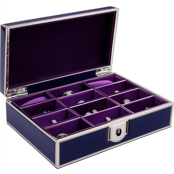 recommend clip art: Elegant blue jewelry box with compartments and velvet lining.