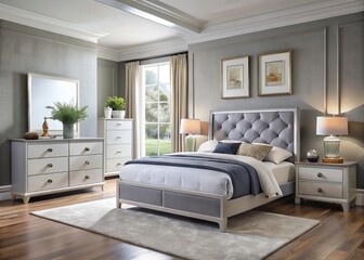 Elegant bedroom suite featuring modern grey and white furniture, complemented by a plush headboard, sleek bedside