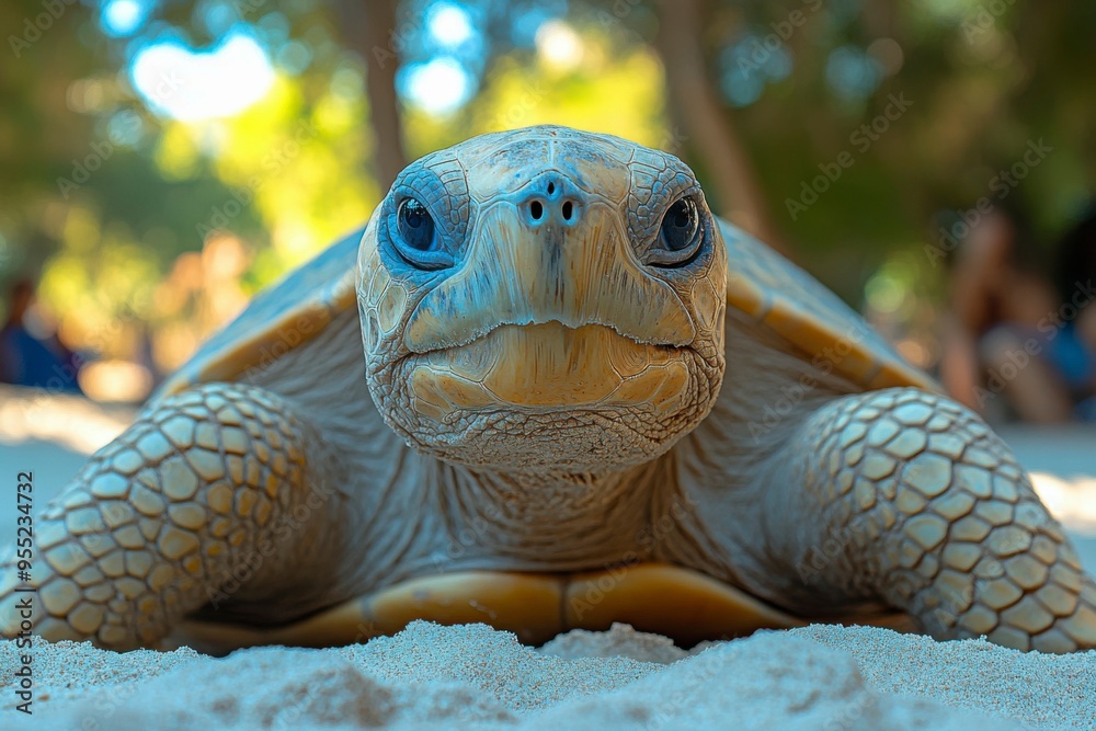 Wall mural Close-up of a Tortoise's Head and Shell on Sand