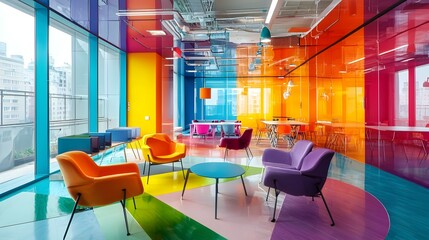 Vibrant and Modern Coworking Space with Colorful Furniture and Open Design