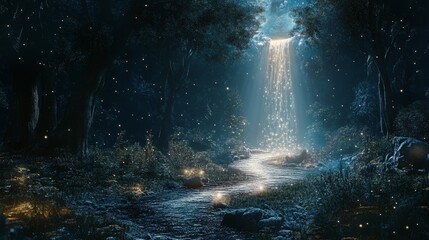 Ethereal River of Light Illuminates Dark Forest in Fantasy Landscape