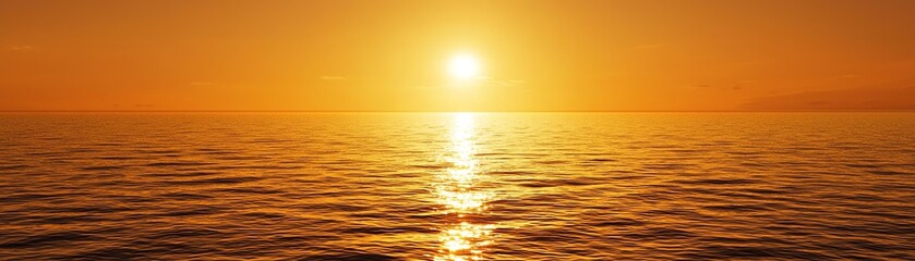 Fototapeta premium A breathtaking sunset over calm waters, creating a warm glow and reflecting hues of orange and gold across the ocean's surface.