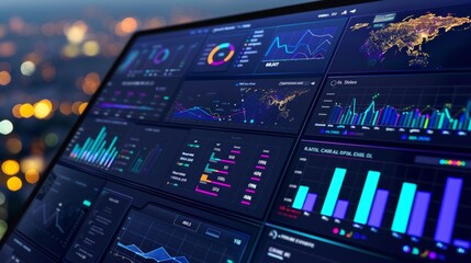 Computer screen shows intricate data visualizations (bar graphs, tables, maps) on dark interface against city lights backdrop.