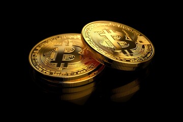 gold coins with bitcoin symbol isolated on black background.