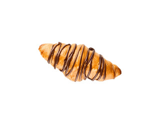 Chocolate drizzled flaky croissant isolated on white background