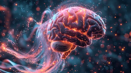 Fototapeta premium 3D artificial brain with glowing wiring on a dark backdrop. Blue particles add motion, enhancing the tech theme.