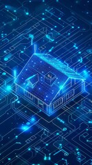 Fototapeta premium The house stands out against a technological background with blue circuit boards. shows the varied textures and outlines of the wire frame. An intricate network of lines creates a digital landscape.