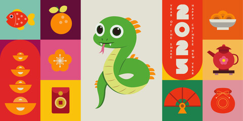 Happy Chinese New Year 2025. Snake zodiac with lanterns, colorful background for card design. China lunar calendar animal.