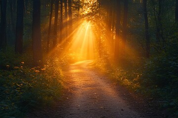 Obraz premium A serene forest path illuminated by golden sunlight, creating a peaceful atmosphere perfect for nature lovers and adventurers.