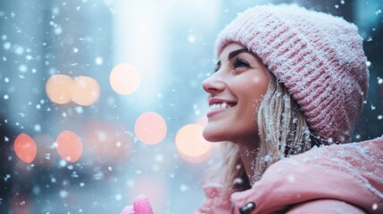 Naklejka premium A woman wearing a pink hat and jacket enjoys the snowfall in a city, with colorful lights blurred in the background, creating a warm and cozy winter scene.