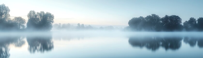Fototapeta premium A serene landscape featuring a misty river at dawn, reflecting soft light and surrounded by trees, perfect for tranquil imagery.