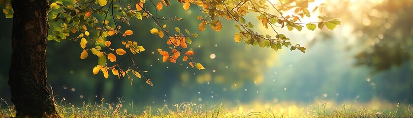 Obraz premium A serene landscape featuring a vibrant tree with autumn leaves, glowing softly in the warm sunlight, evoking peace and tranquility.