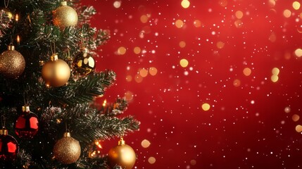 Christmas Tree With Golden Baubles And Shiny Lights In red Background
