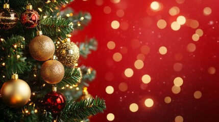 Christmas Tree With Golden Baubles And Shiny Lights In red Background