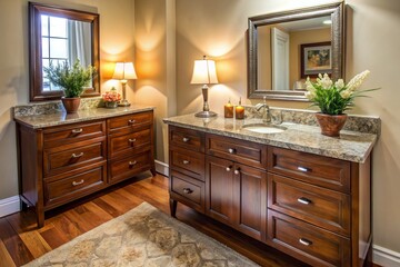 Elegant granite countertop and wooden dresser combine in a sophisticated bedroom setting, accented with gleaming