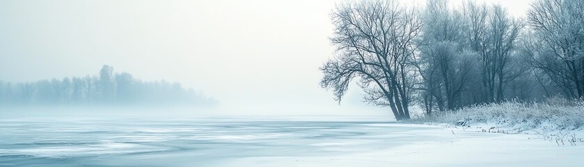 Fototapeta premium A serene winter landscape showcasing a frozen lake, misty surroundings, and a solitary tree, creating a peaceful and tranquil atmosphere.