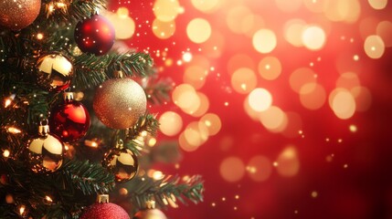 Fototapeta premium Christmas Tree With Golden Baubles And Shiny Lights In red Background