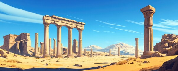 Obraz premium Illustration of old ancient ruins of Greek columns in a vast abandoned desert, sunny and hot day with mountains ranging over the plains