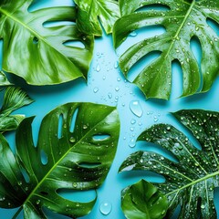 Fototapeta premium Frame of green monstera leaves on blue background with water drop. 