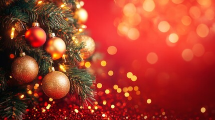 Christmas Tree With Golden Baubles And Shiny Lights In red Background