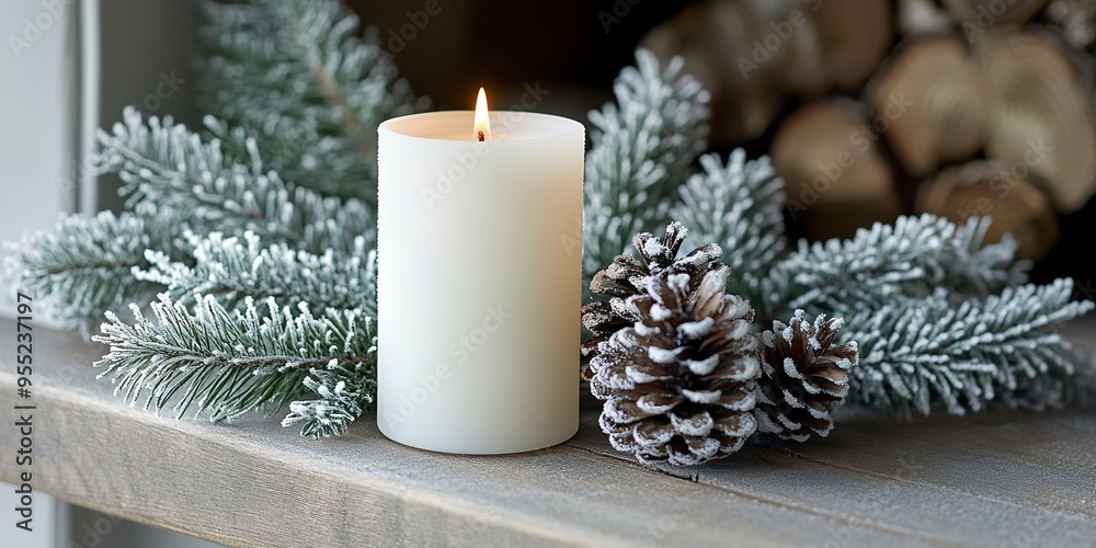 Wall mural A white candle and pine cones are displayed on a wooden shelf with frosted greenery 