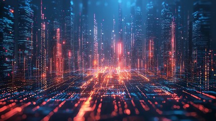Obraz premium A vibrant digital landscape showcasing advanced technology with glowing data streams and towering structures, perfect for futuristic themes.