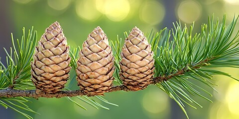 Obraz premium Three pine cones are on a branch 