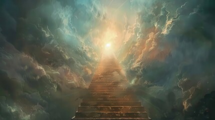 stairway to heaven bright light at the end of ascending stairs concept illustration