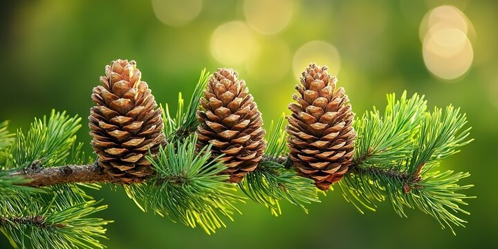 Three pine cones are on a branch