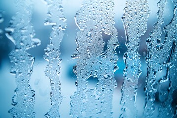 Close-up of water droplets on a window, creating a soft, blurred background. Ideal for themes of rain, weather, and tranquility.