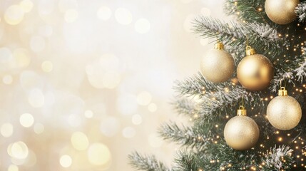 Fototapeta premium Christmas Tree With Golden Baubles And Shiny Lights In white Background