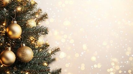 Obraz premium Christmas Tree With Golden Baubles And Shiny Lights In white Background