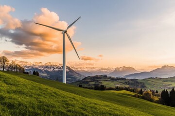 Obraz premium Wind turbine at twilight: eco-friendly wind energy solutions via eolienne technology for sustainable power generation